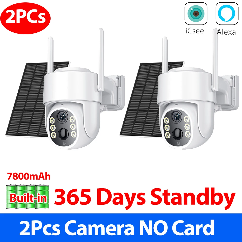 2PCs 5MP HD WiFi Solar Security Camera PTZ Built-in Battery Outdoor Wireless Surveillance Camera PIR Human Detection ICSEE APP