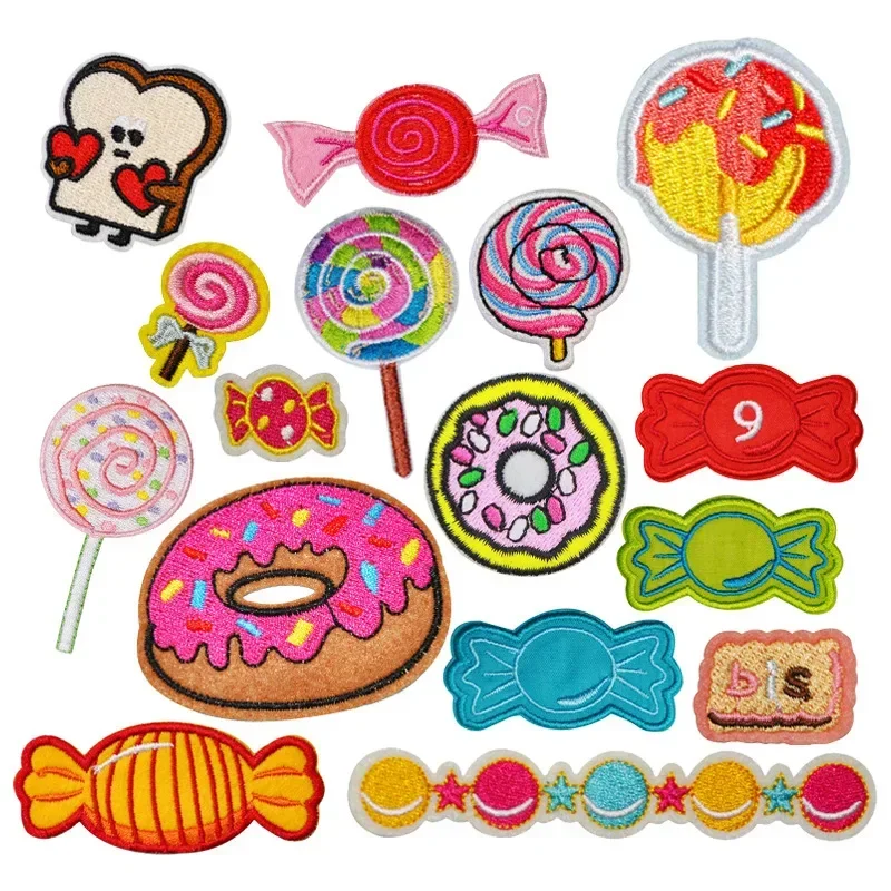 Donuts Candy Embroidery Applique Iron on Patches for Clothing Badge Fruit Chili Carrot Lollipop Sticker on Kids Clothes Patch