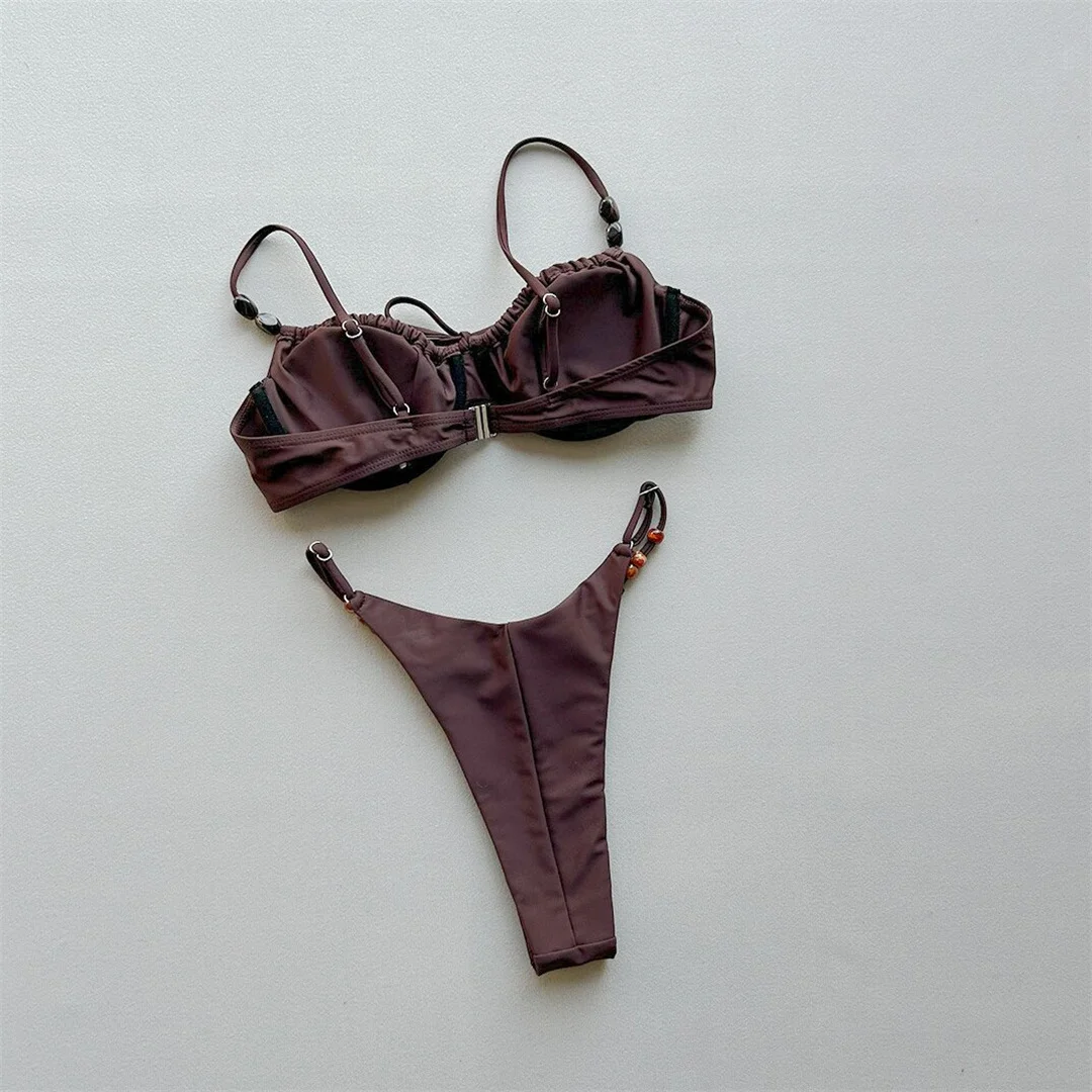 2026 Bügelfreier, geraffter Bikini, Damen-Badeanzug, zweiteiliger Bikini-Set, hoch geschnittene Beine, Badebekleidung, Badeanzug, Schwimmbikini V7931 – Detail 13