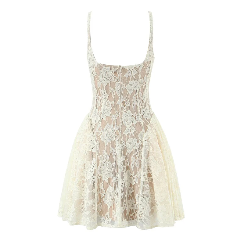 YENKYE nuevo 2026 mujeres Sexy fiesta sin mangas vestido de encaje Beige negro verano vestido de baile Mini vestidos