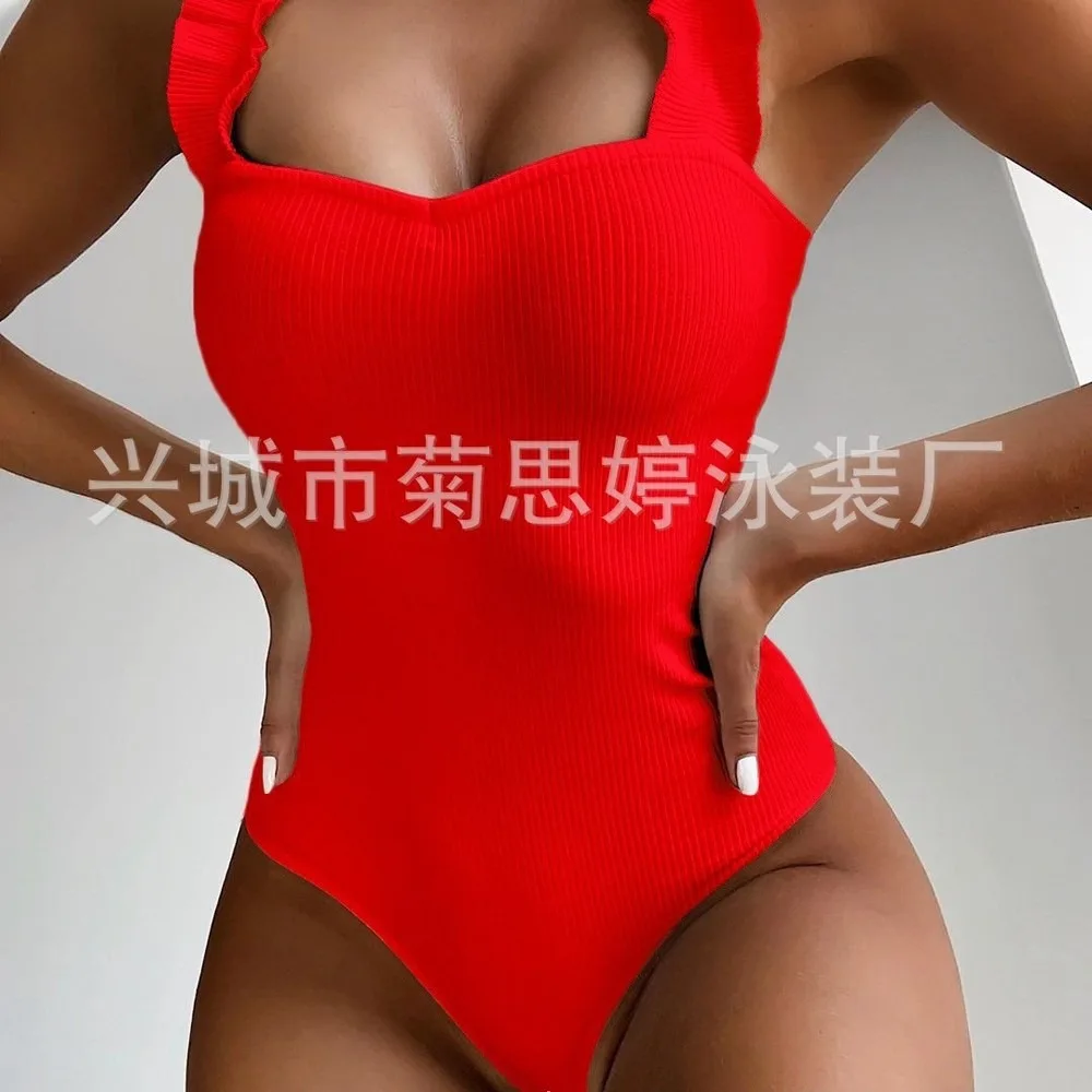 Sexy Ribbed Knit One Piece Swimsuit For Women Solid Color Slim Fit Tummy Control Bathing Suit Summer Beachwear Brazilian One Pie