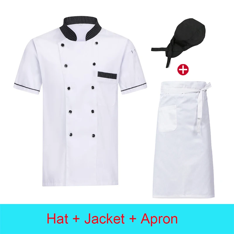 Men's Chef's Jacket Hotel Work Clothing Restaurant Kitchen Uniform Bakery Coffee Shop Waitress Short-sleeved Shirt Apron Hat