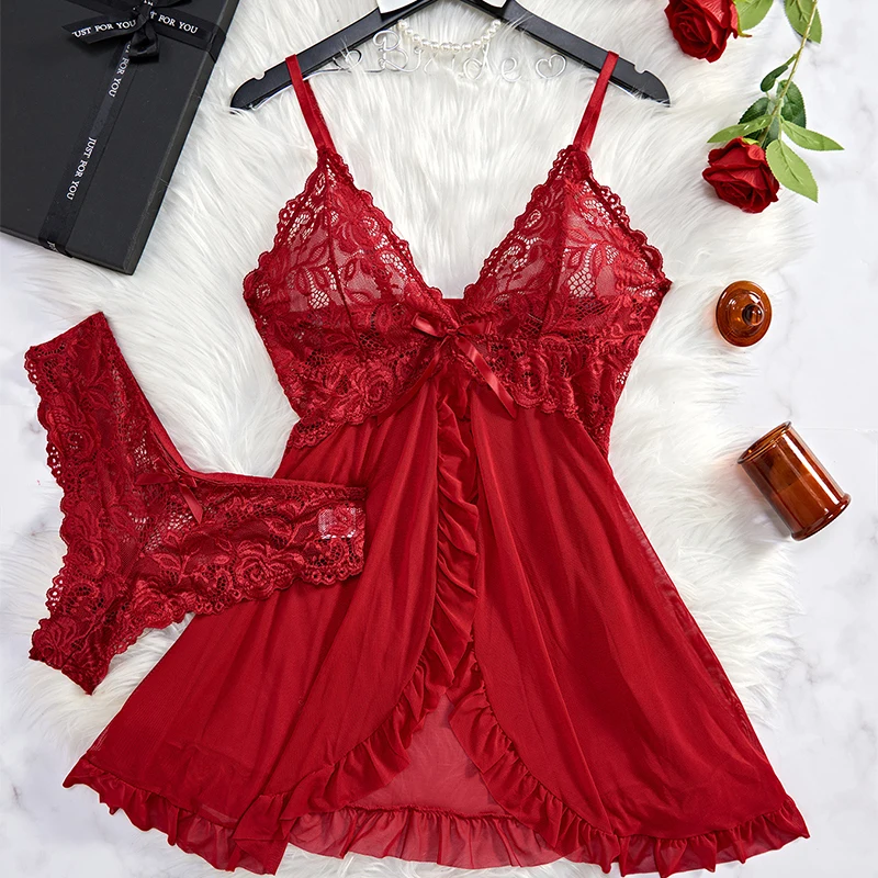 Hot Lace Deep V Dress Sexy Lingerie For Woman Transparent Porno Babydoll Erotic Underwear Crotchless Sleepwear Sexual Clothing