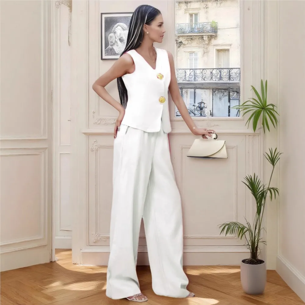 Moda grande botão com decote em v colete calças femininas 2 peça conjunto verão fino elegante feminino escritório calças de pernas largas terno 2025
