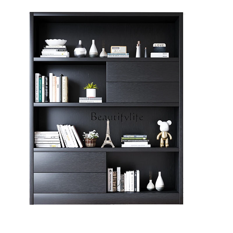 Simple Modern Nordic Partition Black Oak Storage Bookshelf Study Furniture