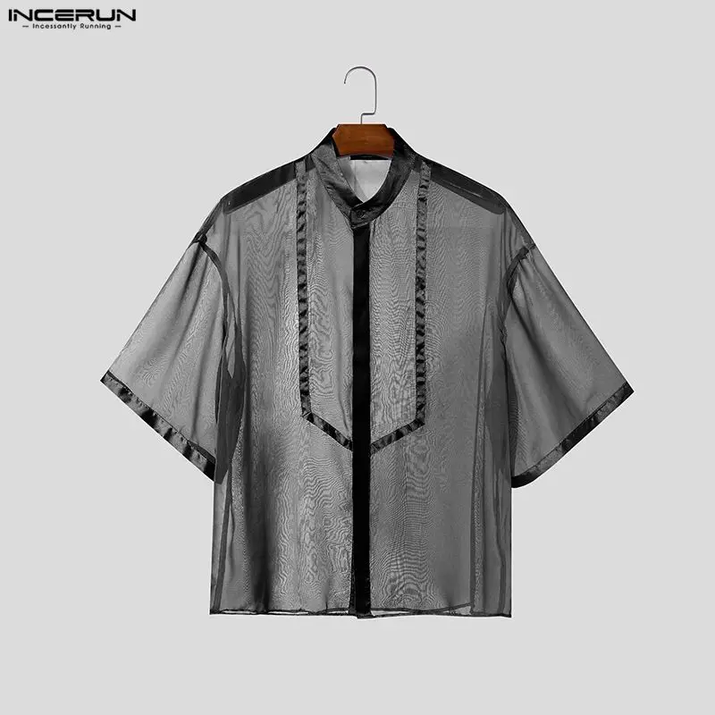 INCERUN Men's Shirts Mesh Patchwork See Through Stand Collar Short Sleeve Tops For Man Sexy Summer Loose Streetwear Men Clothes