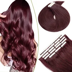 Extensions de Cheveux Naturels Lisses et Soyeux avec Bande Invisible, Double Face, Peau PU, Trame, Bordeaux, # 99J