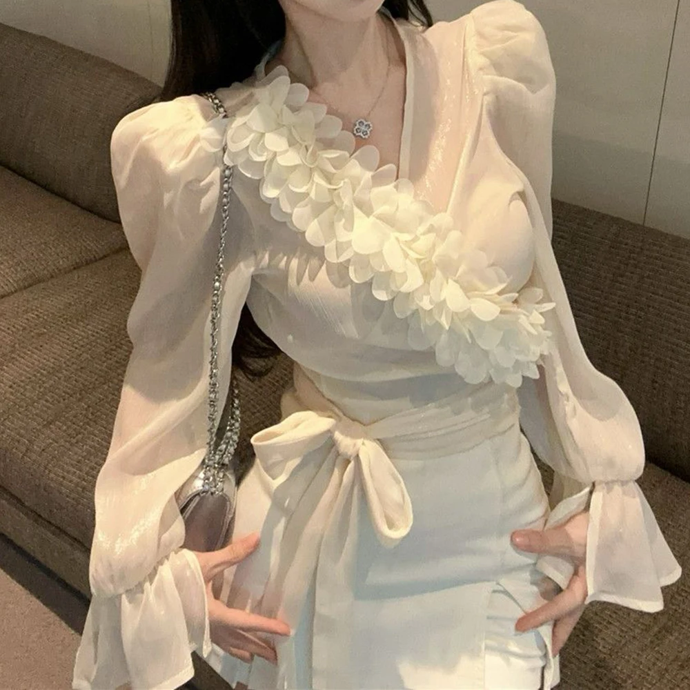 French bubble sleeve chiffon shirt women's summer pure desire French v-neck small top beautiful court style shirt