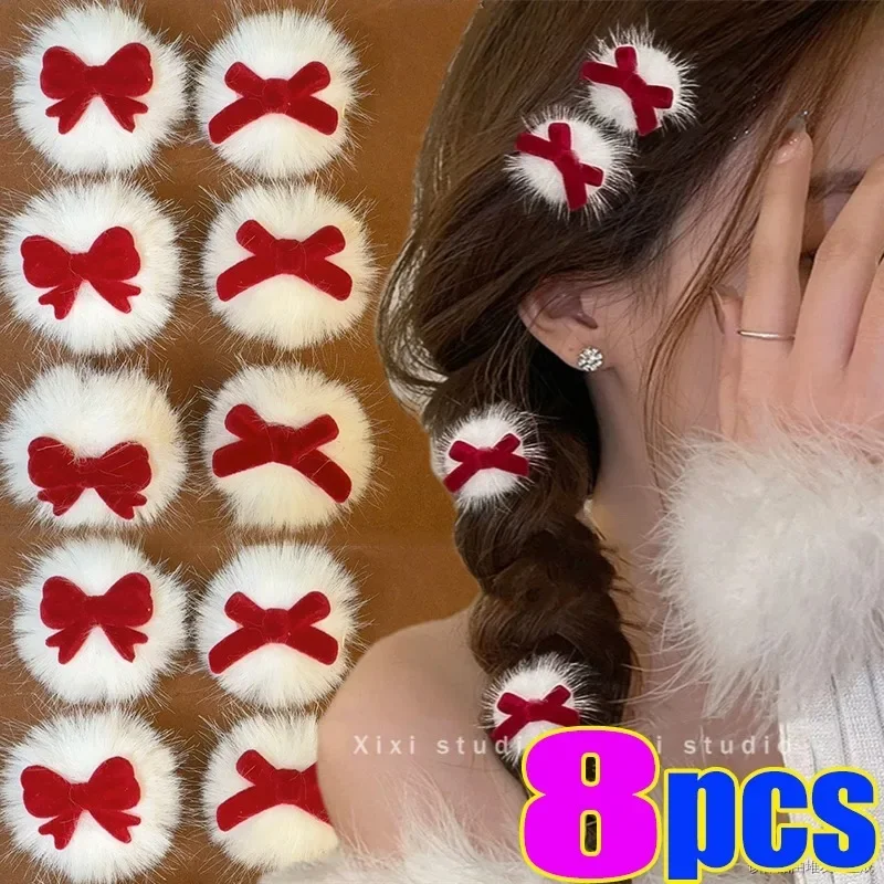 1/8pcs Korean Sweet Plush Bow Hair Clips for Women Girls Fluffy Exquisite Velvet Bowknot Bobby Pin Fashion Hair Accessories