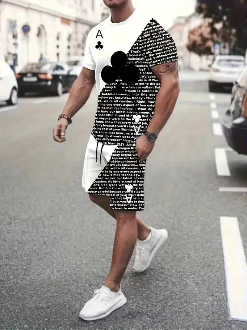 Summer Casual T Shirt+Shorts Suit Street Short Sleeve Sportwear Creative Playing Card Pattern Men Clothing 2-piece Sets 3D Print