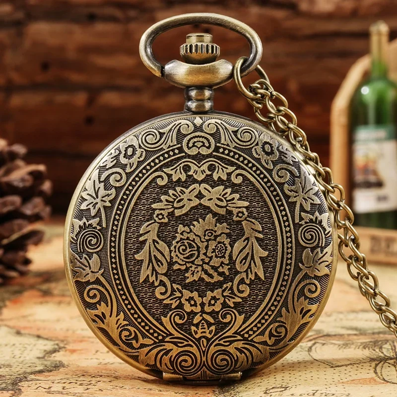 Vintage Pocket Watch Engraved Flower Shield Pattern Retro Quartz Watches for Men Women Necklace Chain Reloj De Bolsillo Gift