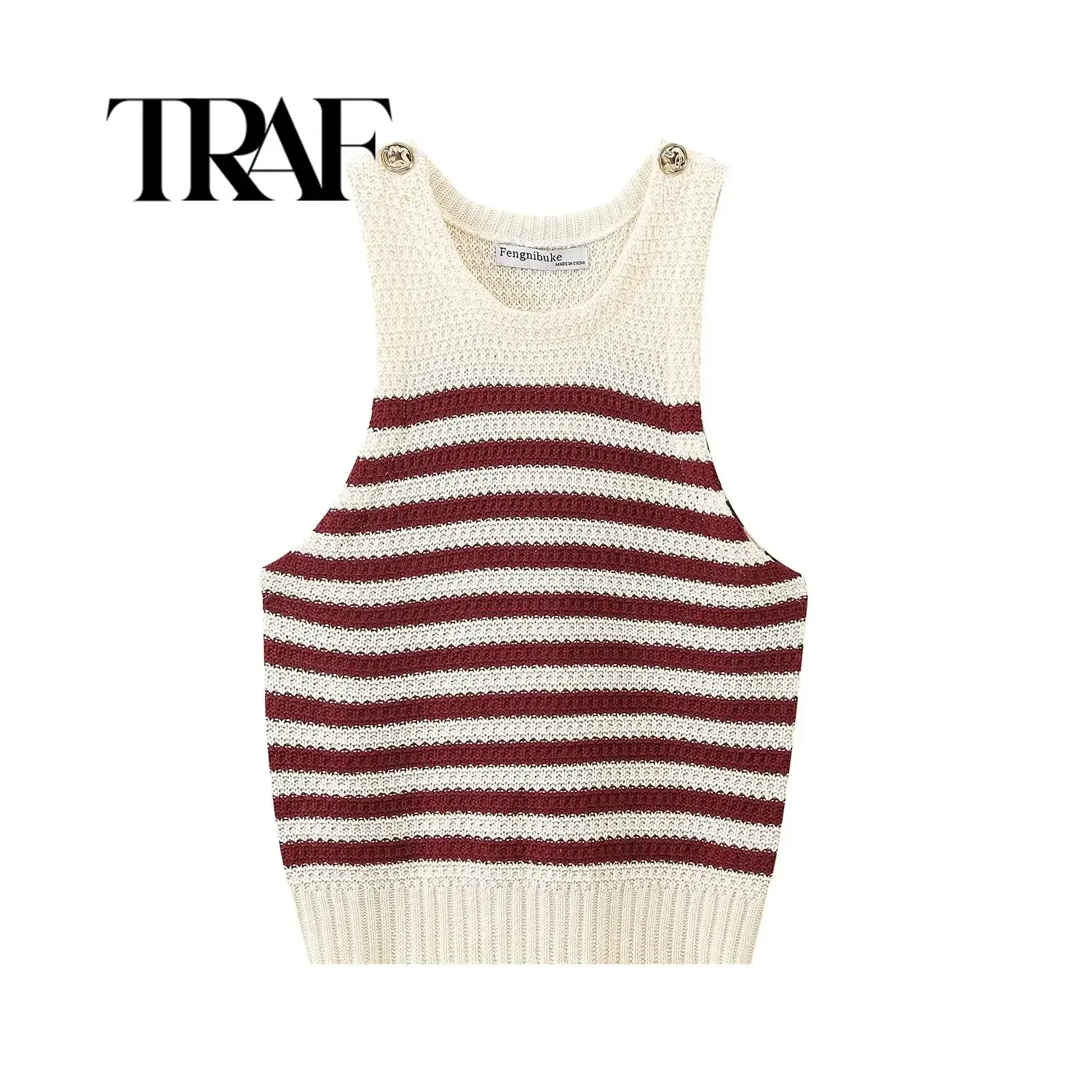 TRAF Women Fashion Stripe Gold Button Pullover Round Neck Knitted Sweater Vest Sweet Korean Clothing Chic Ladies Tops 6771/044