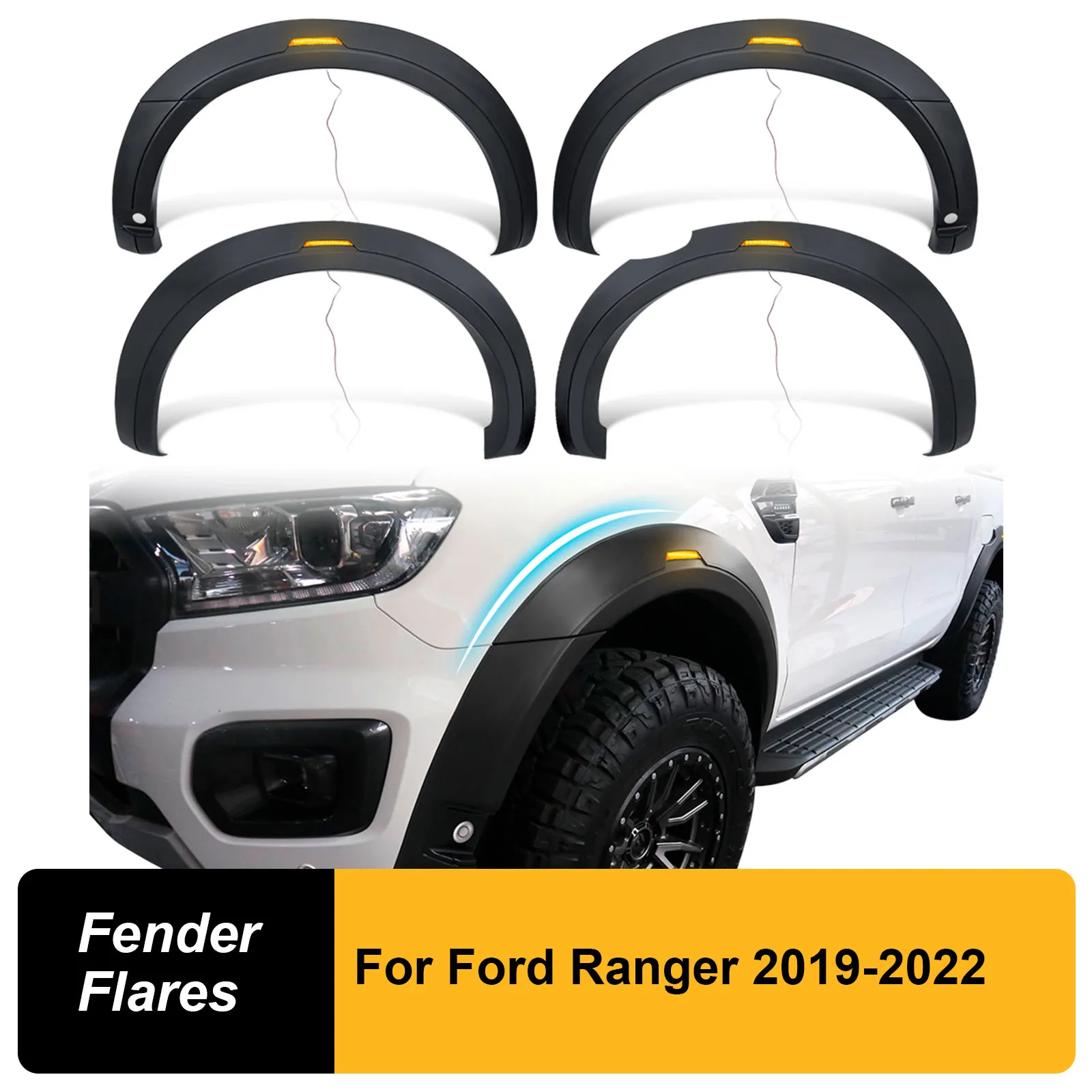 

Fender Flares Wheel Arch For Ford Ranger T8 2019-2022 Dual Cab Model With Side Parking Sensor Reflector LED Light Style Mudguard