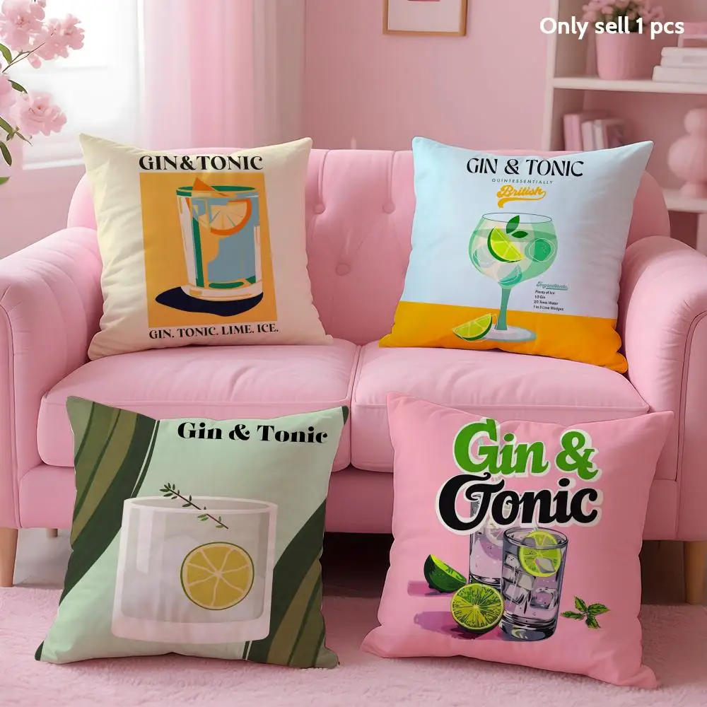 Gin & Tonic Cocktail Painting Cushion Cover Soft Short Plush Double-Sided Printing Home Decor Machine Washable Pillow Case Gift