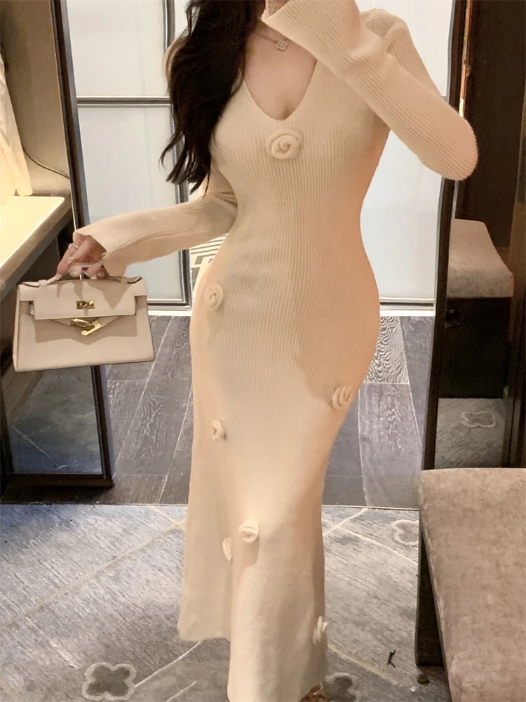 

Autumn Winter Women's Long Sve Knitted Dr V-Ne Slim Fit Bodycon Skirt Sexy Soft Waist Cinched Casual Daily Wear