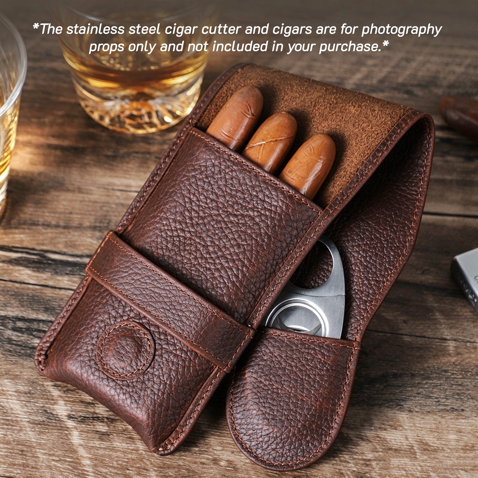 Full Grain Leather Cigar Case Travel 3-Cigar Holder with Cigar Cutter Pocket and Magnetic Closure Handmade Cigar Storage Pouch