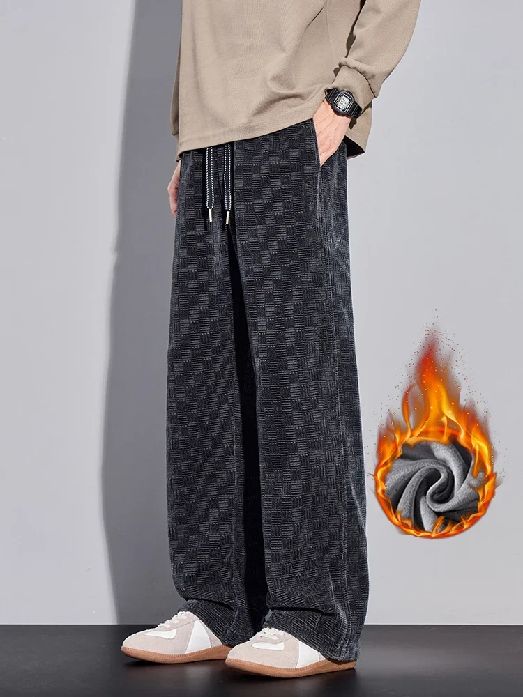 الرجال الجاكار الصوف السراويل الشتاء موضة مستقيم سميكة فضفاضة المخملية Sweatpants الذكور عادية واسعة مرونة الخصر بنطلون #6