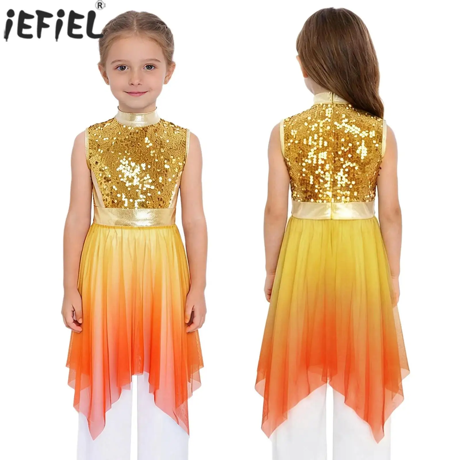 Kids Girls Liturgical Worship Praise Dance Dress Church Choir Lyrical Contemporary Dancewear Shiny Sequins Chiffon Tunic Dresses