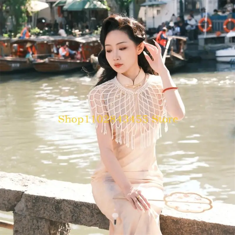 49MC Flapper Pearls Chain Ombro Drape Vestido noite Companion Luxurious Body Chain