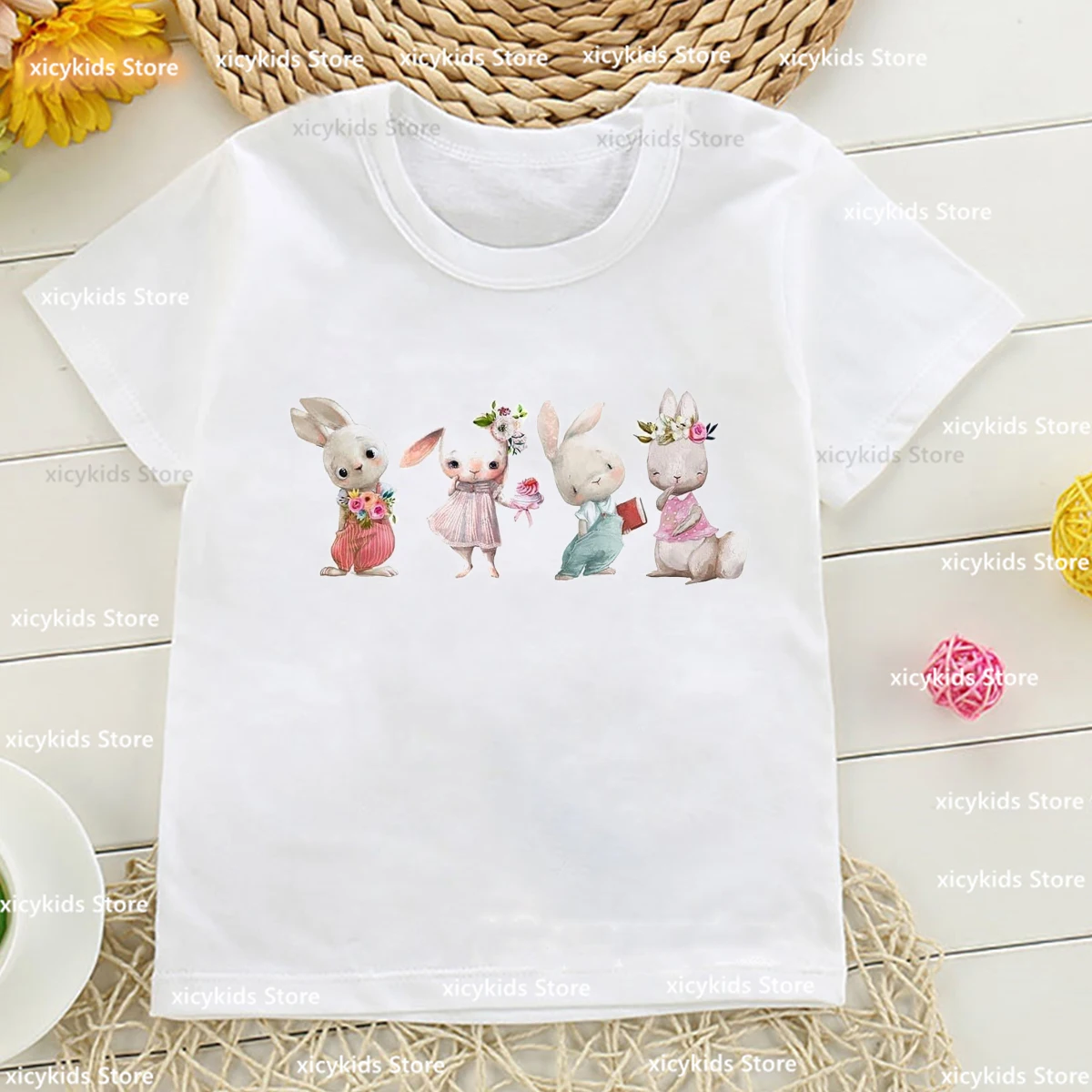 Kawaii Girls T-Shirt Cute Watercolor Flower Rabbit Animal Print Kids Tshirt Fashionable Harajuku Girls Clothes 1-13 Years Old