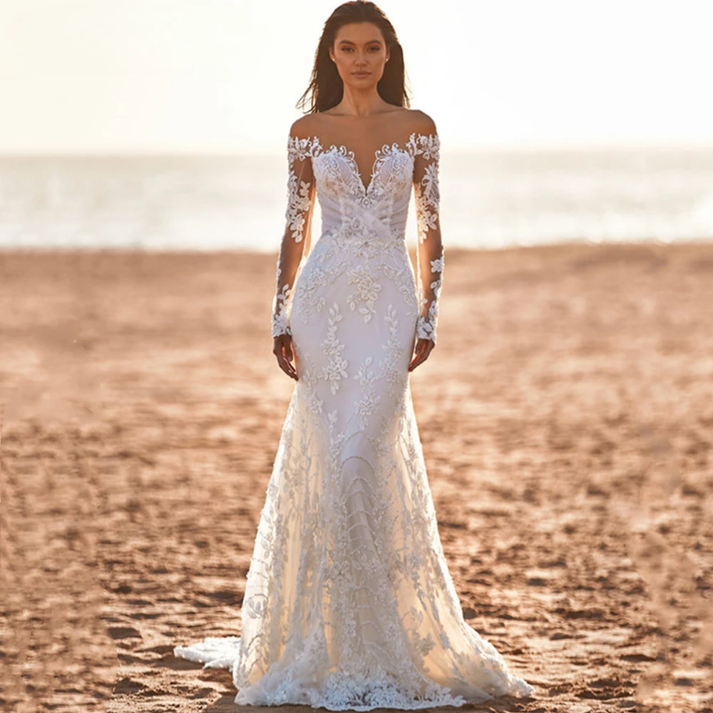 

Illusion Lace Mermaid Wedding Dress with Sheer Long Sleeve 2023 Sexy Appliques Backless Country Bridal Gowns Custom Made