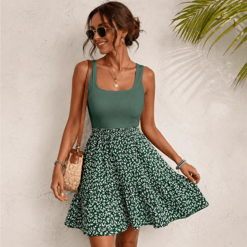 Elegant French-Style Flower Vest Dress Square Neck Solid Color Summer Dress Patchwork Design Beach Wear Floral Print Skirt Beach