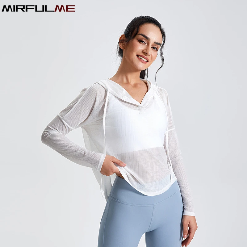 Women Sport Hoodies Loose Thin Breathable Yoga Shirts Long Sleeves Running Sweatshirts Back Hollow Out Gym Fitness Hooded Tops