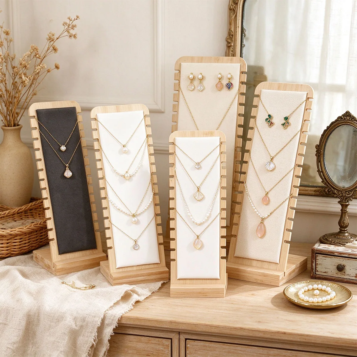 Solid Bamboo Jewelry Display Stand - Multi Necklace & Bracelet Organizer with Hanging Board