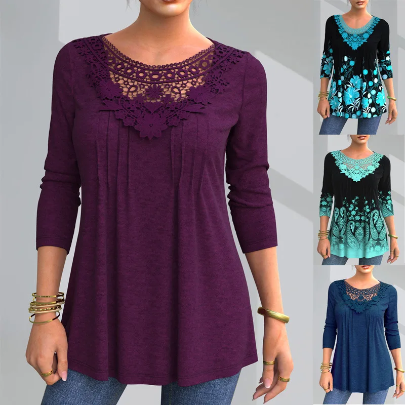 T-shirt Women spring/summer Three Quarter Sleeve Lace Stitching Solid Color Fashion women's Tshirts Dropshipping YSX9091
