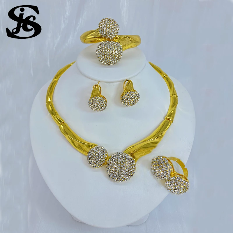 Dubai Fashion Jewelry Set Big Round Earrings Necklace 18K Gold Plated Rhinestone Inlay Luxury Set For Women Wedding Party Gift