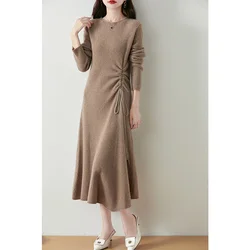 Round Neck Slim Fit 100% Merino Wool Dress Women's French Fashion Autumn Winter Pullover Long Sleeved Solid Color Warm Knit