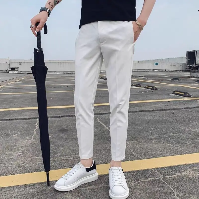 Streetwear Fashion Men Solid Color Smart Casual Suit Pants Spring Summer Thin Slim Fit New Business Cropped Straight Trousers