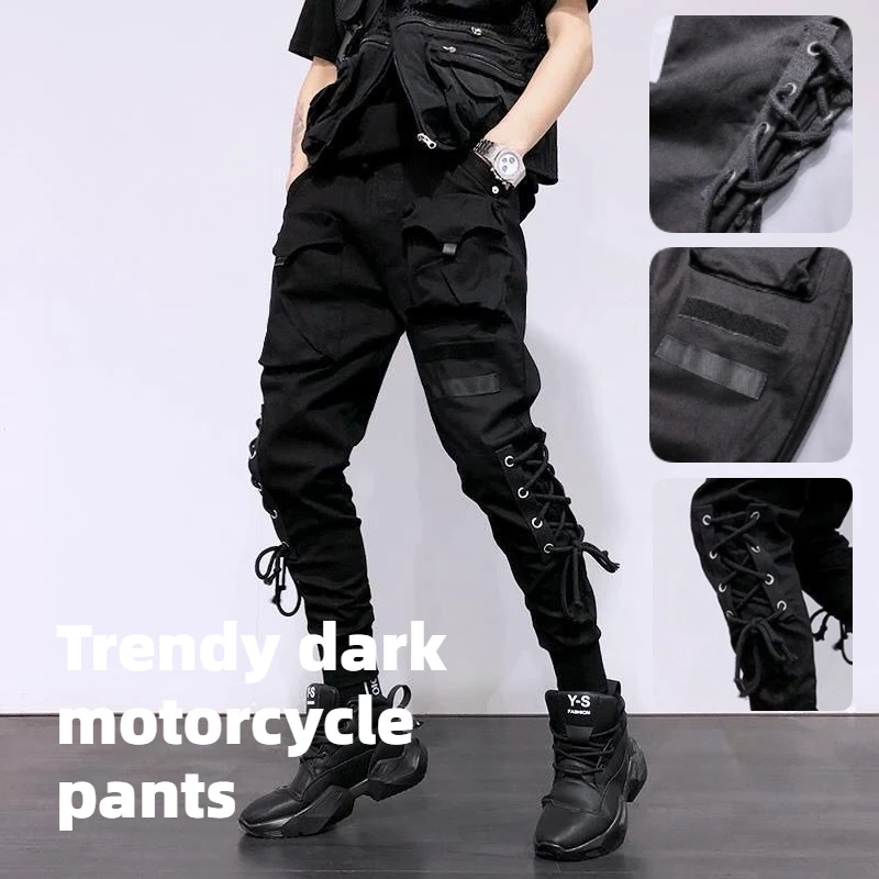 Trendy dark Harlem motorcycle pants new style with binding rope personalized street casual fashion slim-fitting pants for riders