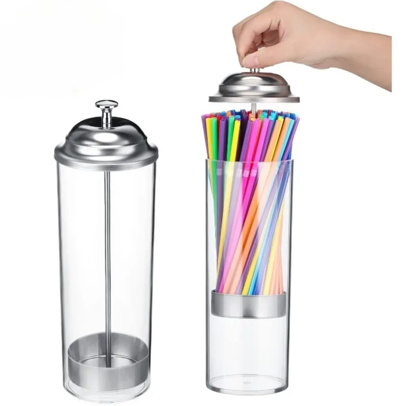 1Pc Glass Straw Dispenser, Clear Transparent Storage Box with Stainless Steel Lid, Compact Pop-Up Straw Storage Container, Multipurpose Drinkware Holder for Glass Straw Organization, Suitable for Kitchen, Cafe and Bar Daily Use