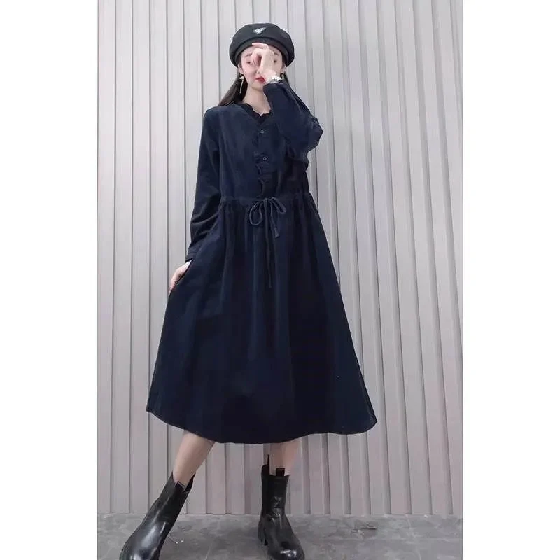 Corduroy Dress Women's 2022 Spring New Korean Version Of The Polka-Dot LongSleeved Waist Is Thin And Western-Style Mid-Length sk