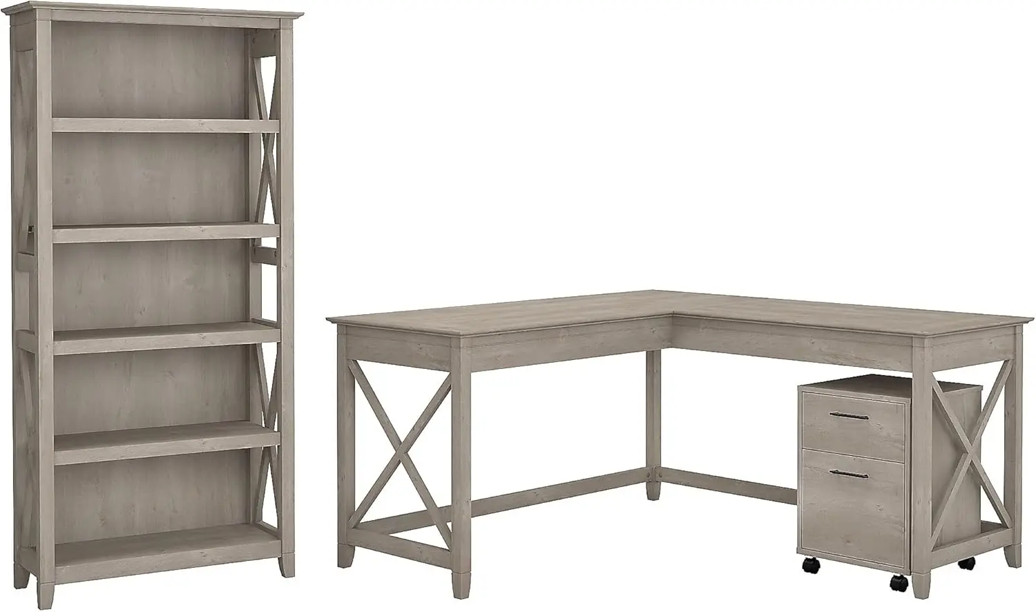 60W L Shaped Desk with 2 Drawer Mobile File Cabinet and 5 Shelf Bookcase in Washed Gray