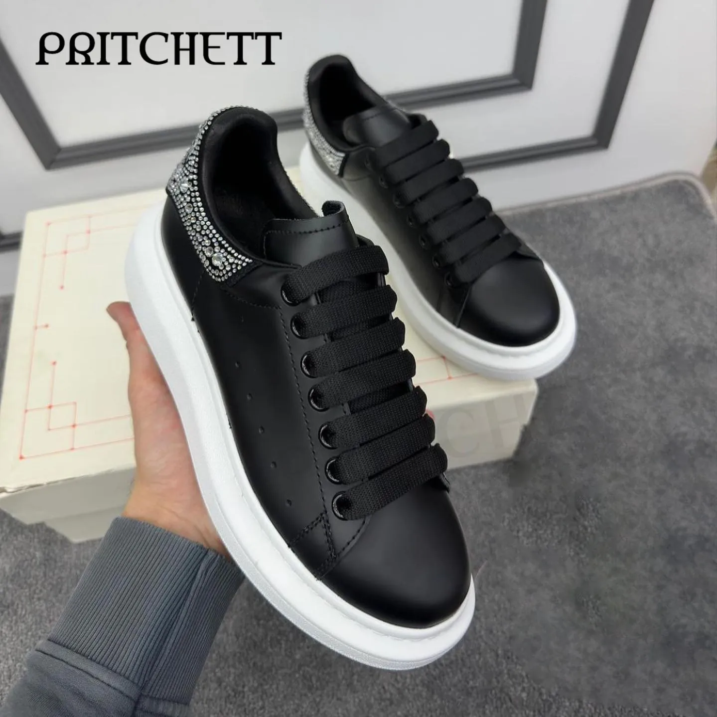 

Rhinestone Crystal Thick-Soled Shoes Round Toe Lace-Up Fashionable Leather Casual Shoes Large Size Men's Shoes Women's Shoes