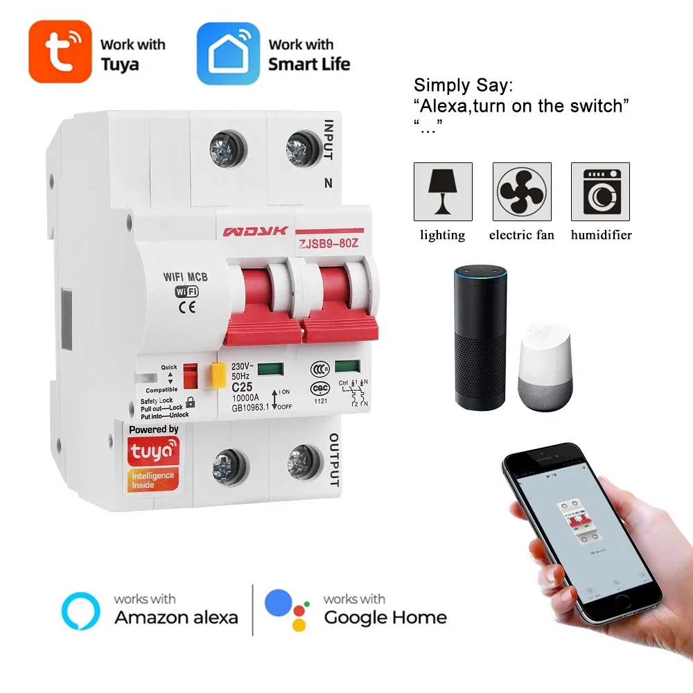 

Tuya Smart Life 1 2 3 4 Phase Din Rail WIFI Circuit Breaker Switch,MCB Recloser,Overload Short Circuit Protection,Alexa Remote