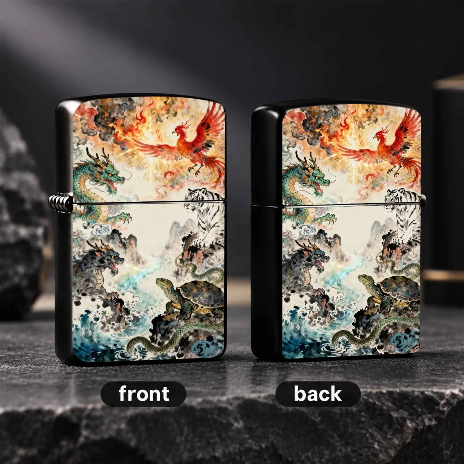 Traditional Eastern Style Four Themed Lighter Ink Wash Style Azure Dragon Vermilion Bird Black Tortoise Pattern Portable Elegant Accessory For Daily Use Gifting Scenes A Humorous And Interesting Lighter