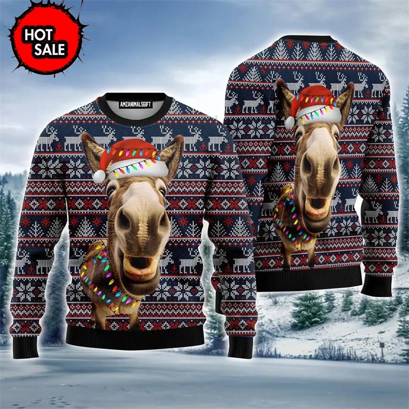 New Funny Donkey Print Ugly Sweaters Christmas For Men Women Clothes Comfort Christmas Sweater Men 3D Print Unisex Sweatshirts 