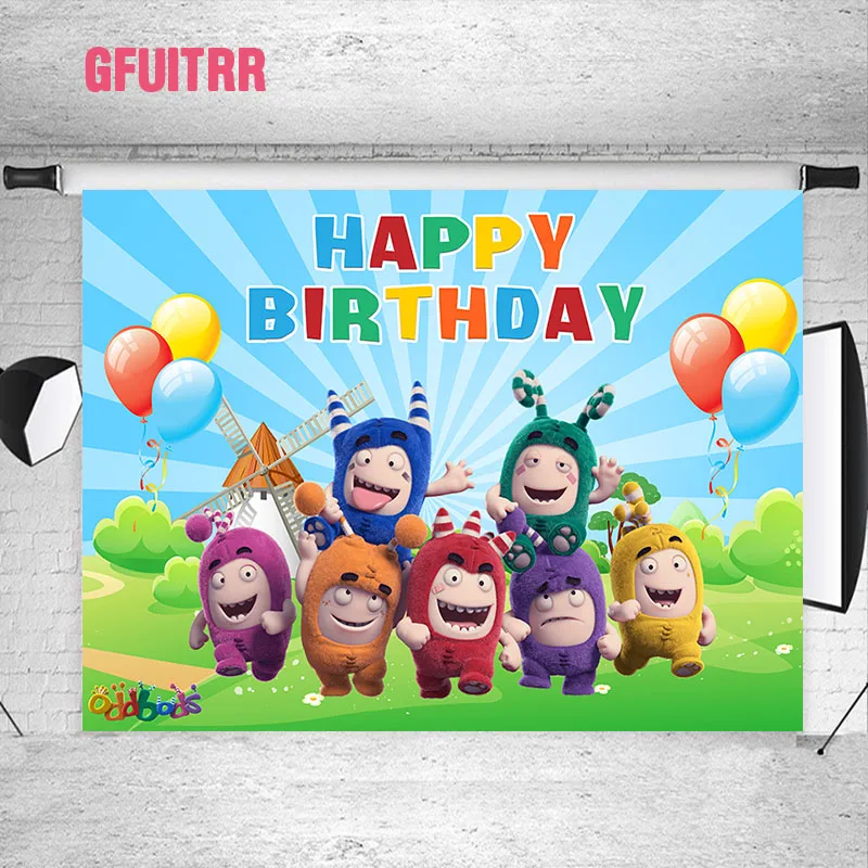 GFUITRR Oddbods Birthday Photography Backdrop Baby Shower Photo Backdrop Balloons Flags Rainbow Custom Curtain Back Drop Props