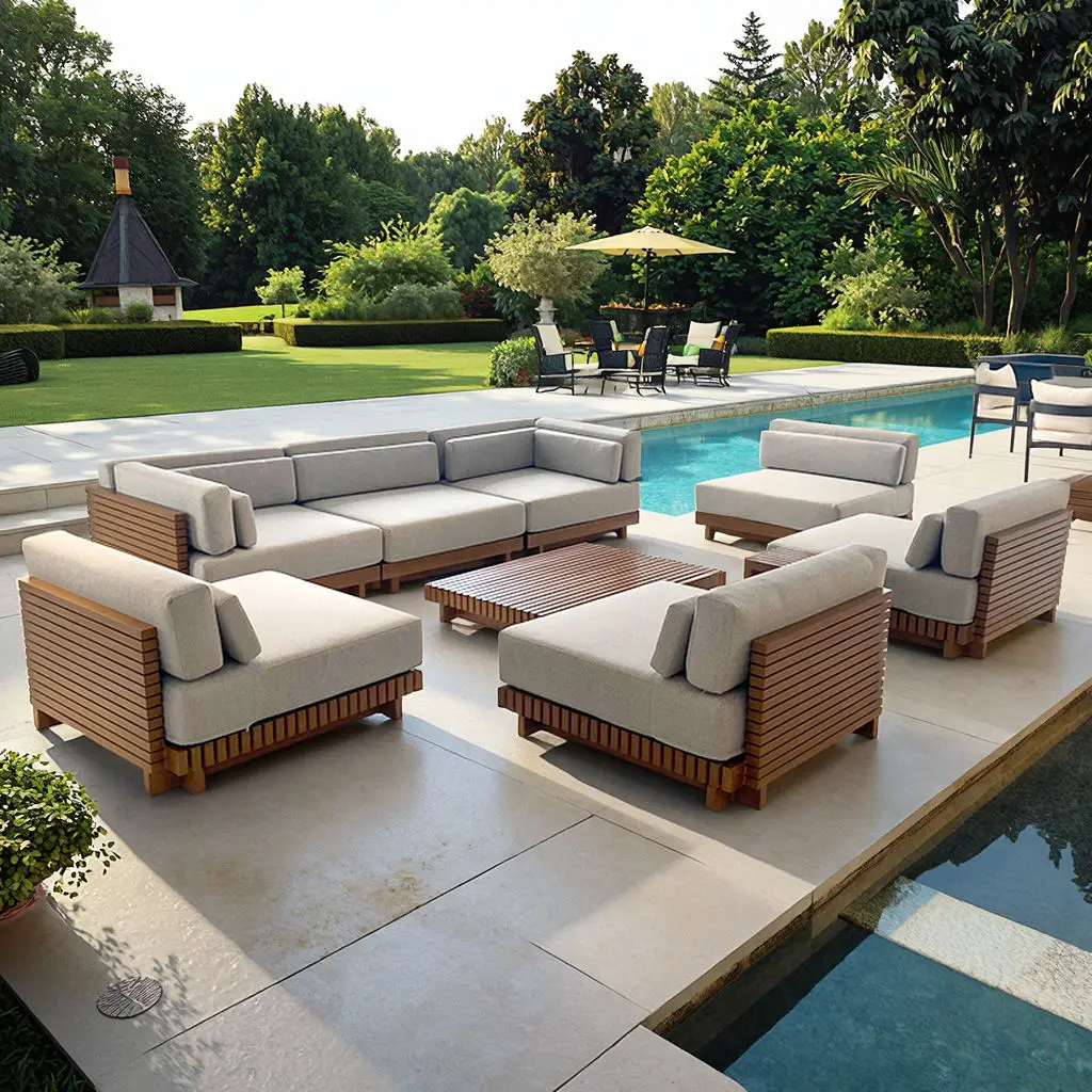 

Luxury Outdoor Sectional Sofa Set Waterproof Cushion Teak Frame Patio Garden Furniture for Hotel Villa Resort