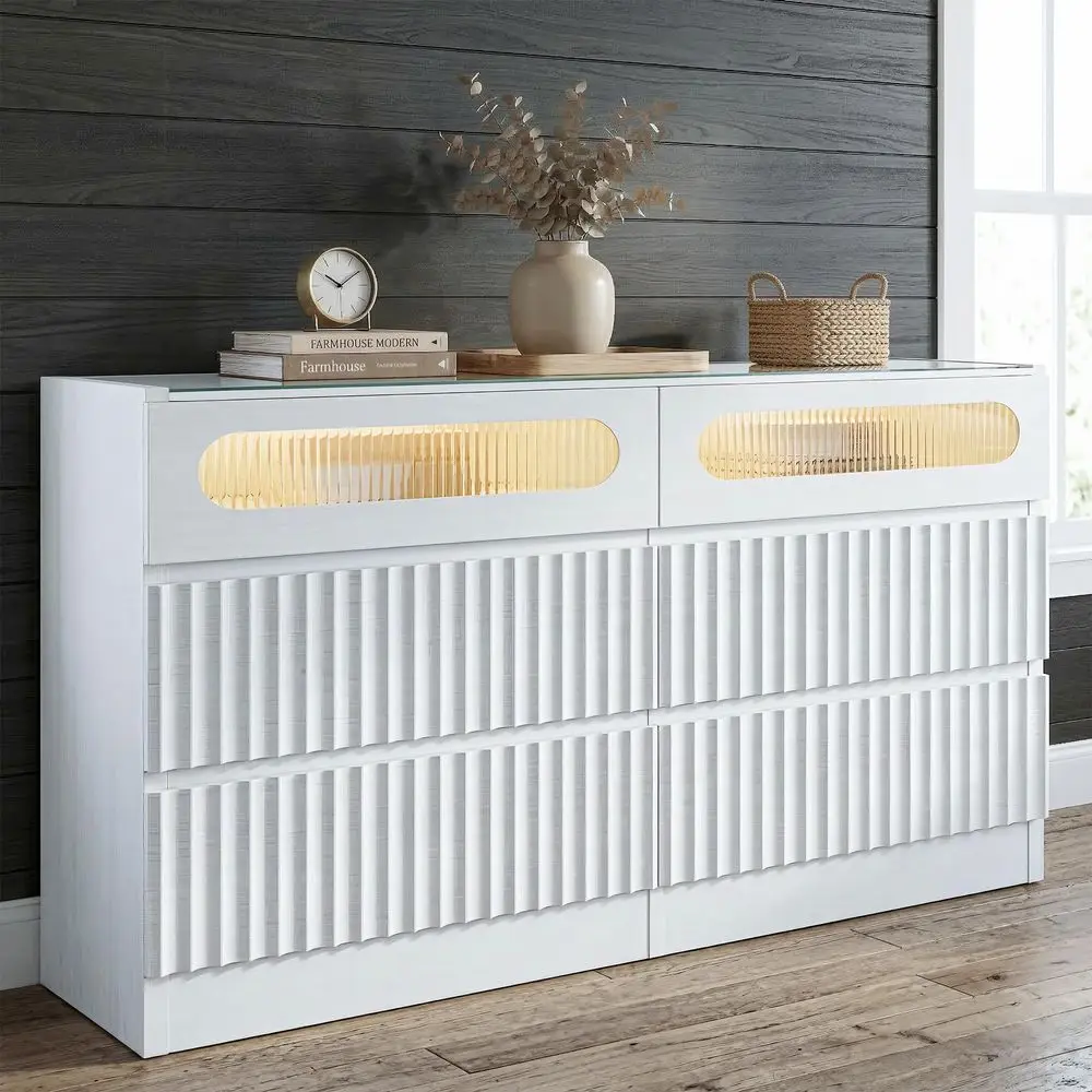 Fluted 6 Drawer Dresser,with LED Lights,Tempered Glass Panel,Drawer Dresser,Hidden Handles.Compartmentalized Storage Drawer,Bedr