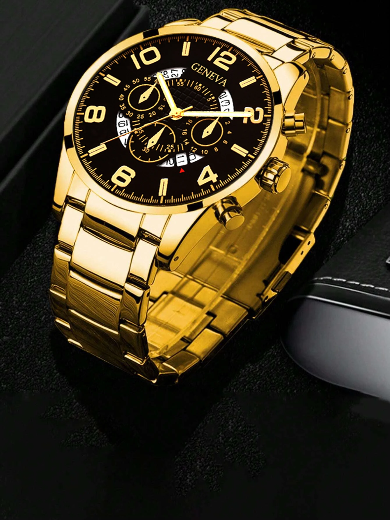 ゴールデン三つ目ピエロデザインメンズカレンダービジネスクォーツ時計とネックレス、リング、ブレスレットセット - 誕生日プレゼント