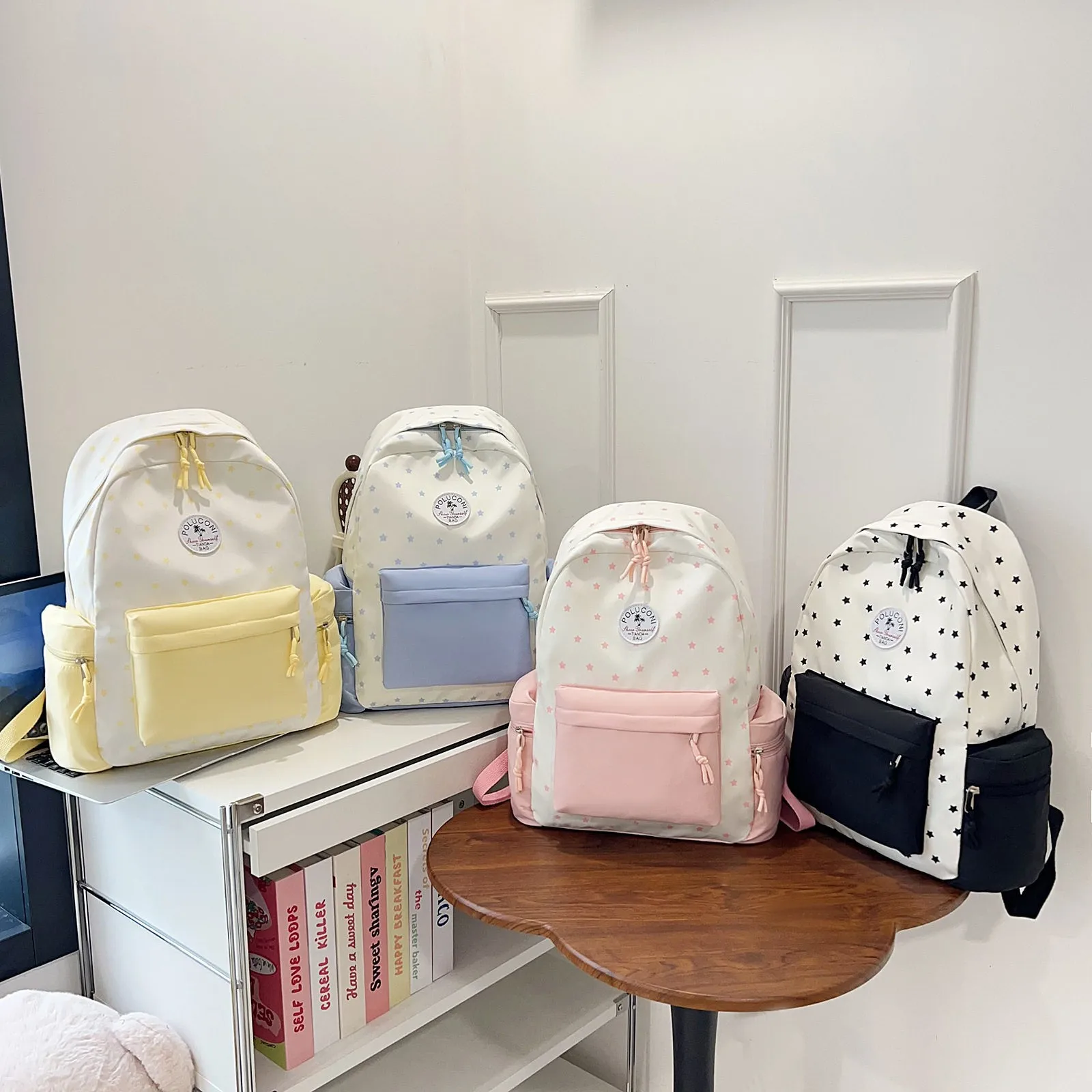 Large Capacity Backpack for Girls Middle School College Students Double Shoulder Bag Color Block Star Design Versatile And St...