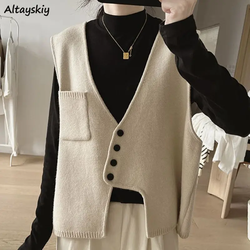 Sleeveless Sweater Vests Women Knitted Loose Leisure Solid V-neck Simple Vintage Asymmetrical Designed Chic Fashion New Winter