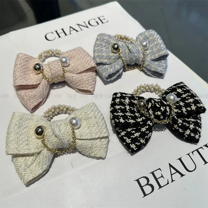 Luxury woman jewelry new coarse woolen bowknot pearl hair band women's versatile hand-woven hair rope flower hair accessories