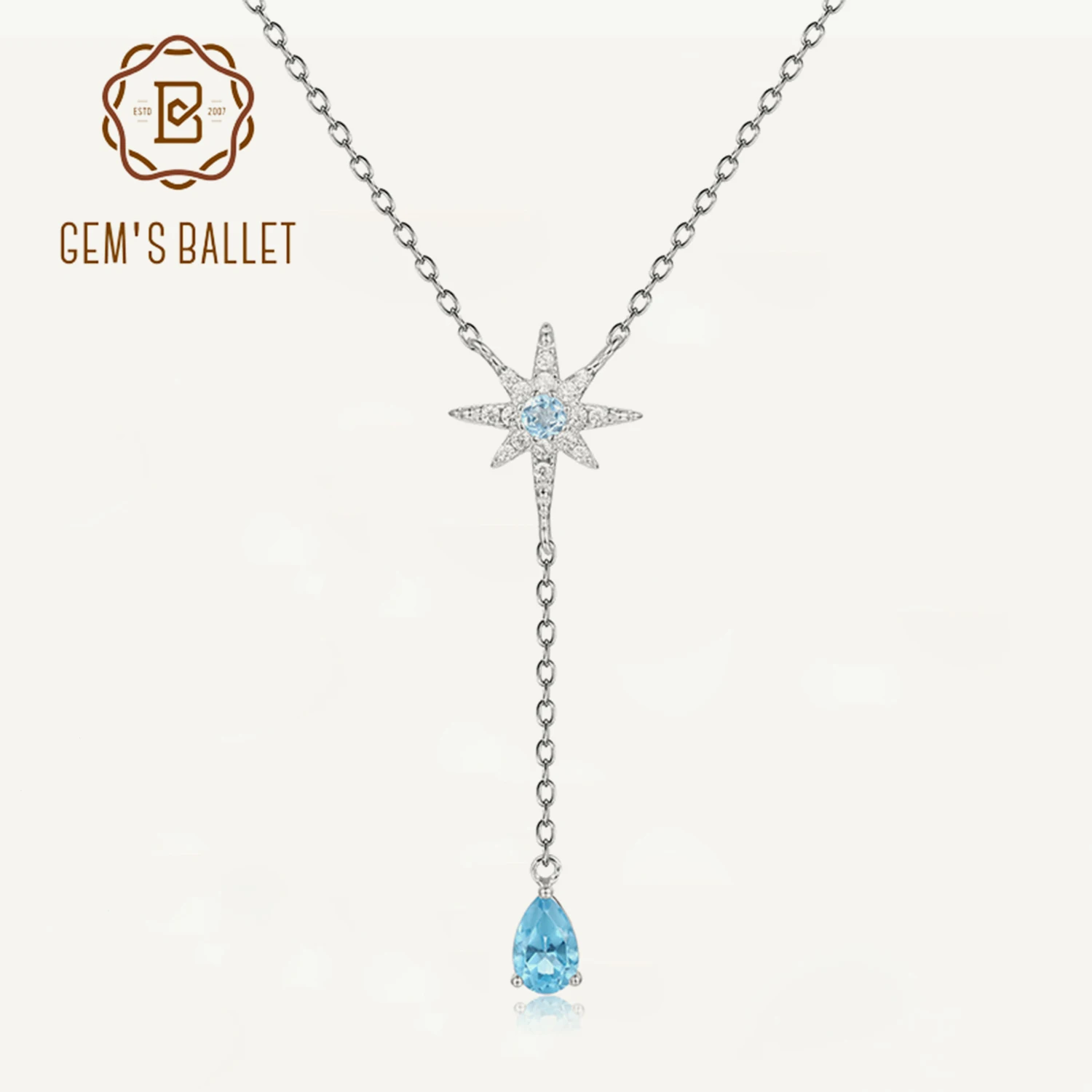 GEM'S BALLET 925 Sterling Silver Rosary Y Shaped Necklace Natural Swiss Blue Topaz Six-pointed Star Necklace For Women Jewelry