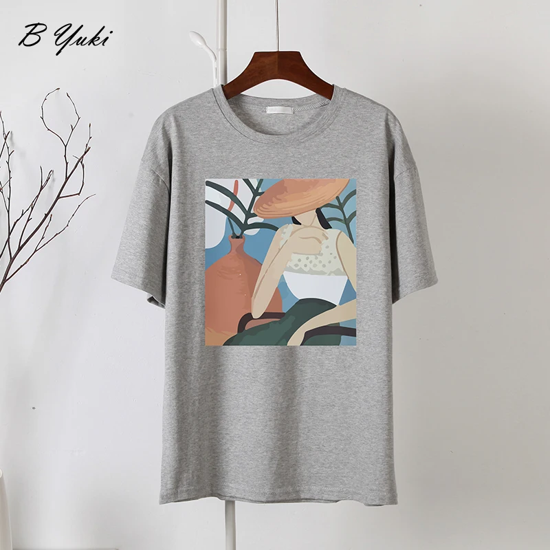 Blessyuki Abstract Character Printed T Shirt Women Summer Chic Fashion Loose Harajuku Tees Femael Casual Vintage Soft Cotton Top