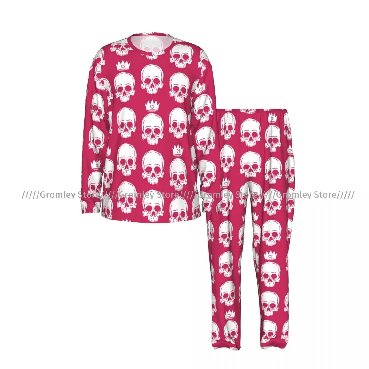 Men's Long Sleeve Long Pants Pajama Set Skulls And Crowns Pattern Casual Loungewear and Sleepwear for Home